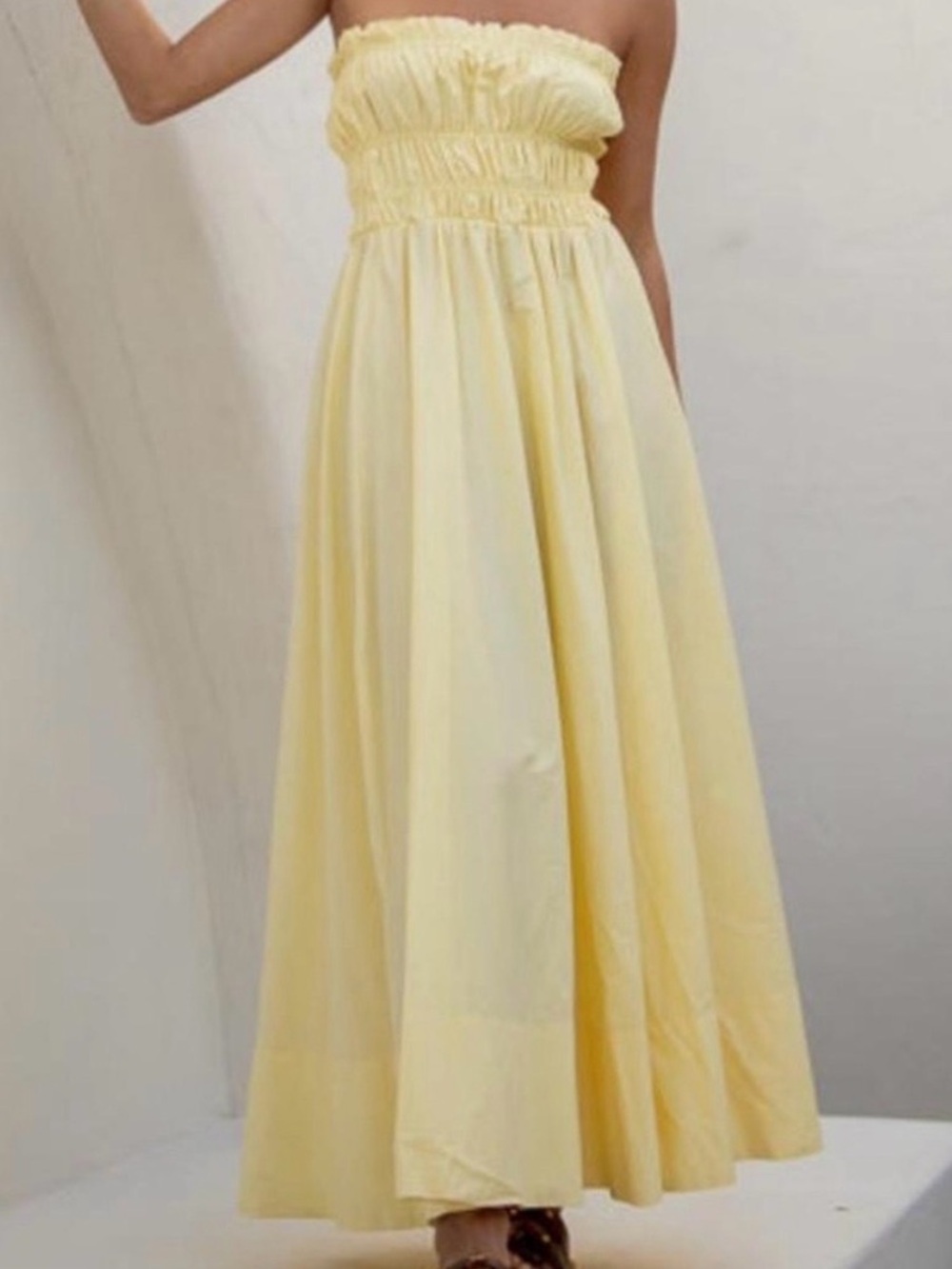 Women's Strapless Smocked Maxi Dress in Pale Yellow
